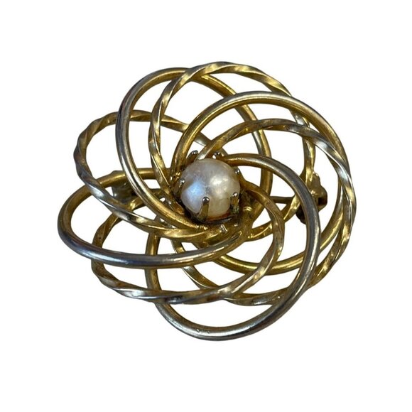Vintage Gold & Silver Tone Swirl Brooch With Faux Pearl Center - Picture 2 of 4